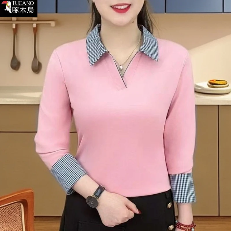 啄木鸟正品新款纽扣翻领上衣女春秋季长袖POLO衫洋气显瘦大码T恤