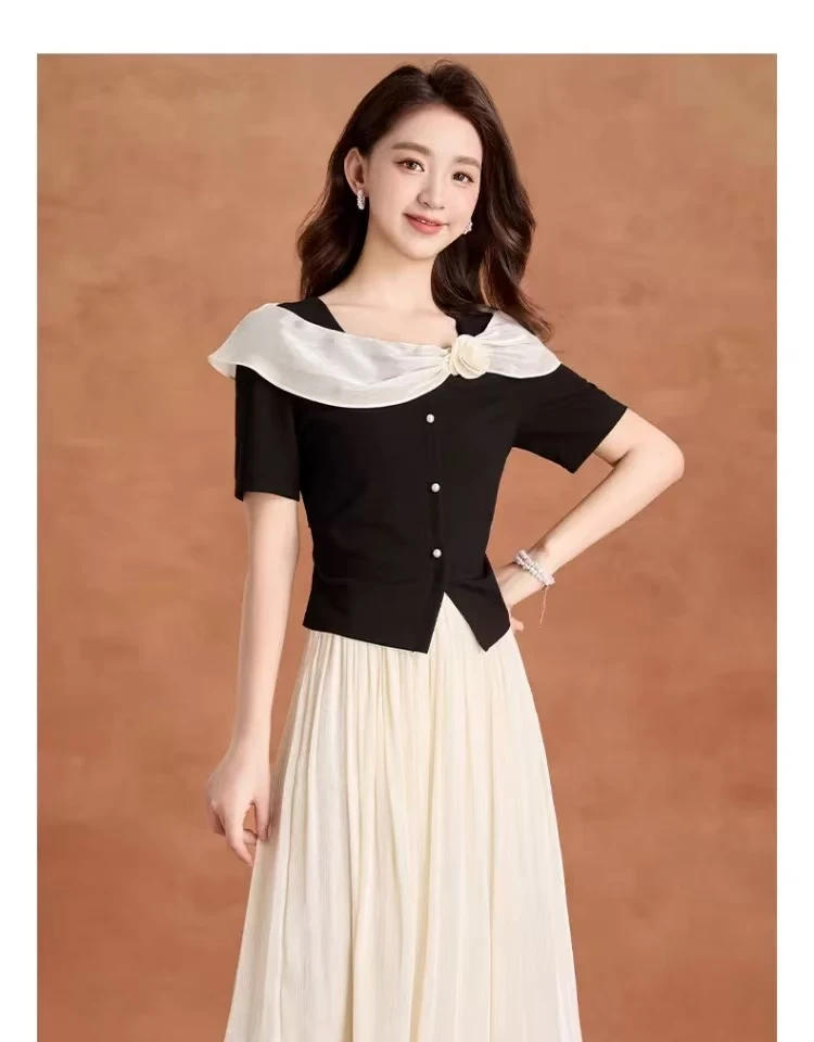 【T1831】名媛甜美系韩版时尚气质百搭显瘦短袖+高腰半身裙两件套