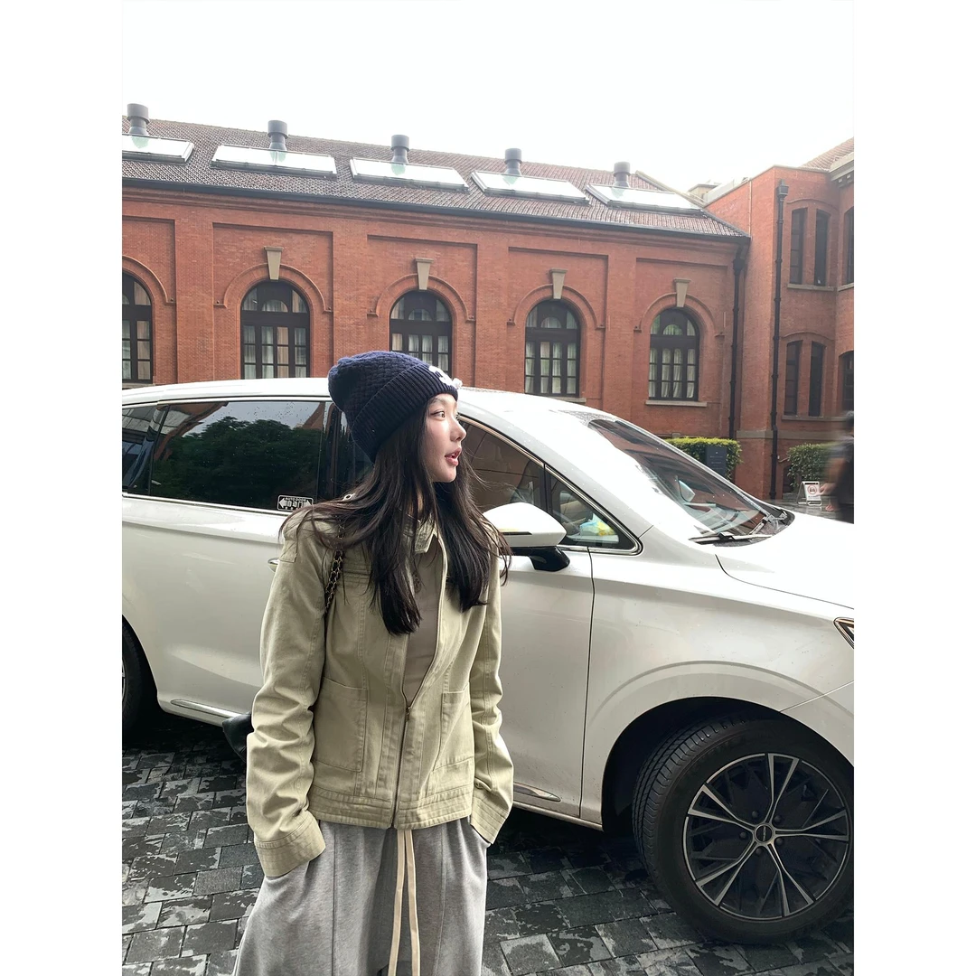 区区欧阳立领拉链外套女秋季设计感小众水洗做旧短款正肩夹克上衣