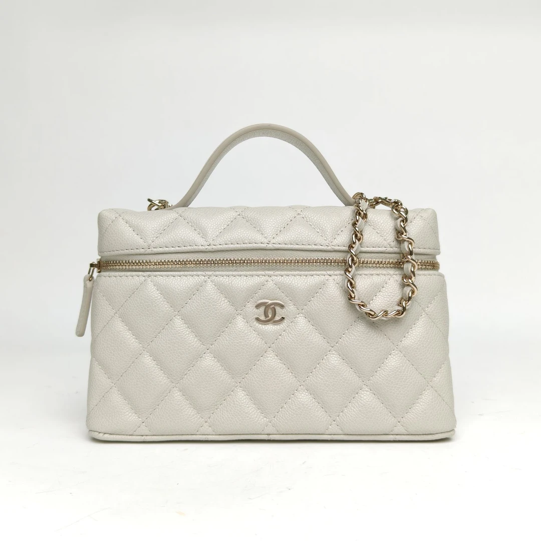 未使用 Chanel/香奈儿 小花6枫25C 饭盒包 珍珠灰 镭射标 浅金扣