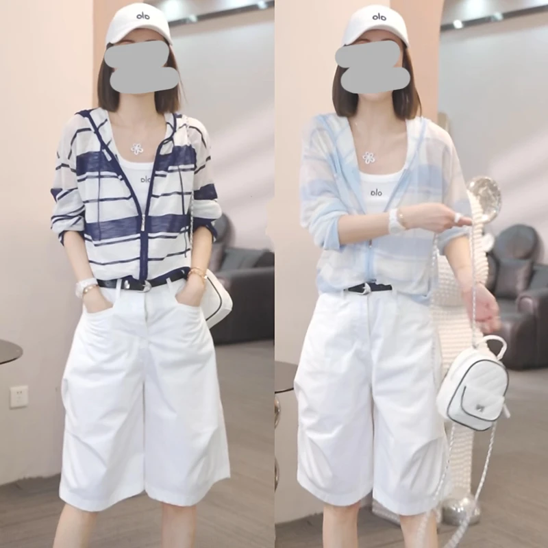 气质条纹长袖薄外套女2025夏季新款时尚百搭休闲超薄防晒帽衫上衣