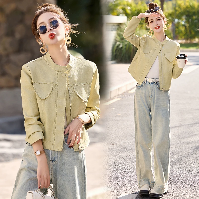 2025年春装爆款韩版时尚气质休闲宽松立领洋气时髦短款皮衣外套女