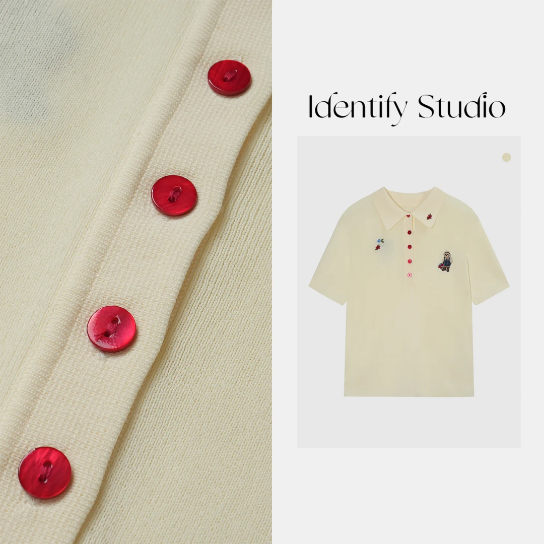 IDENTIFY"卡通小熊"夏季新款休闲百搭卡通小熊刺绣翻领短袖25SS