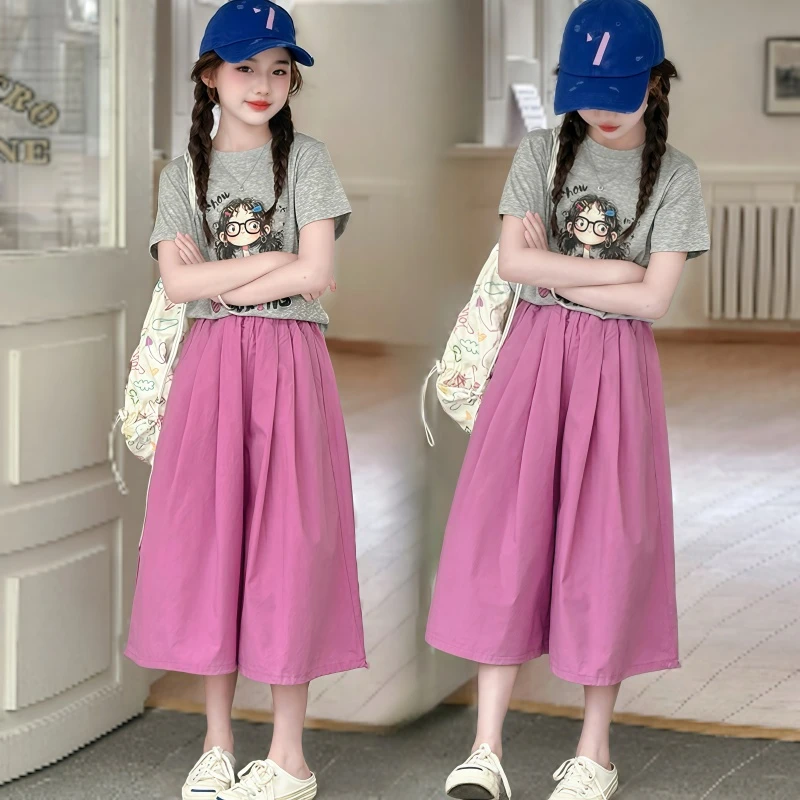 女童夏季套装2025新款洋气卡通印花短袖t恤儿童阔腿裙裤两件套潮