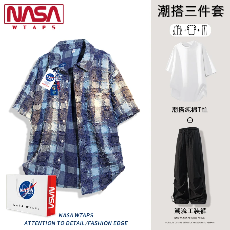 NASA WTAPS小香风防晒短袖衬衫男款夏季美式复古痞帅休闲运动套装