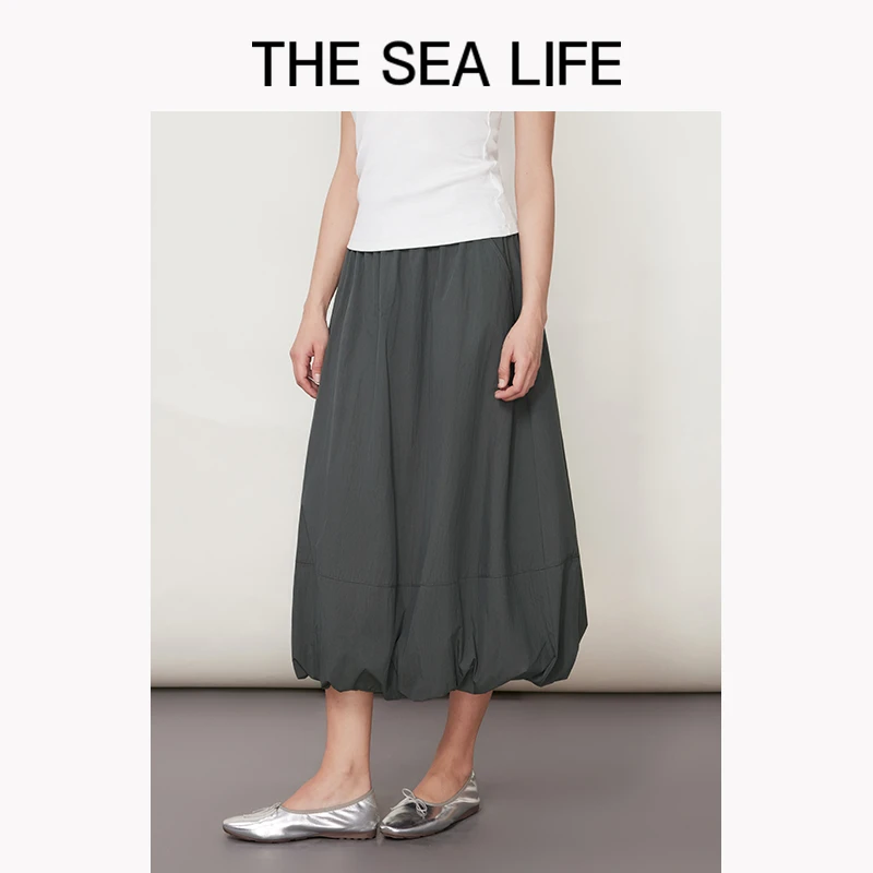 欧海一生 高腰半裙2025夏新款百搭纯色花苞半裙thesealife190228