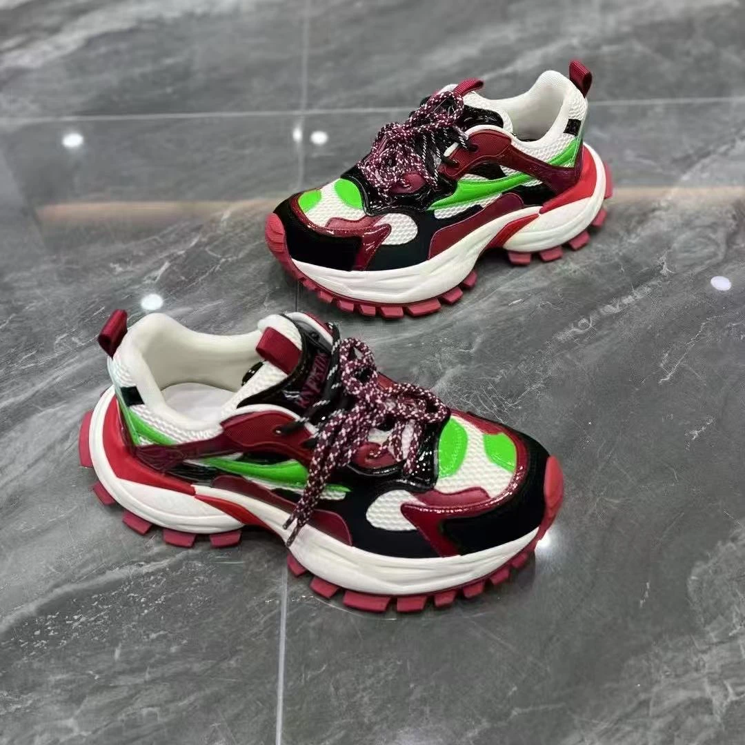 男鞋2025春夏季新款真皮网面轻便厚底增高时尚运动透气休闲老爹鞋