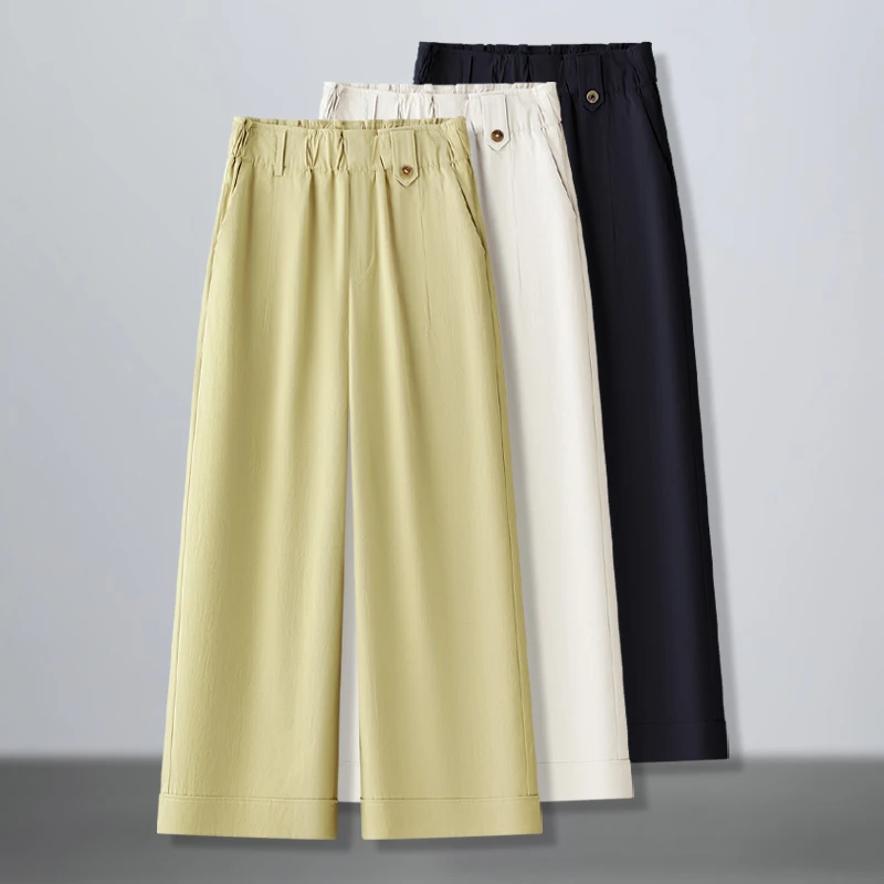 2025夏季新款小个子阔腿裤女薄款高腰宽松休闲裤松紧腰休闲直筒裤