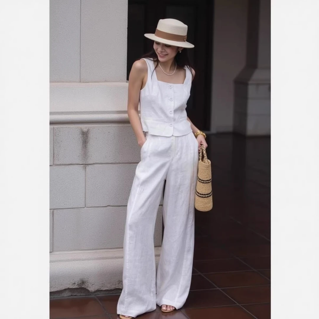 简约高级感亚麻吊带套装女夏季慵懒松弛感无袖背心长裤棉麻两件套