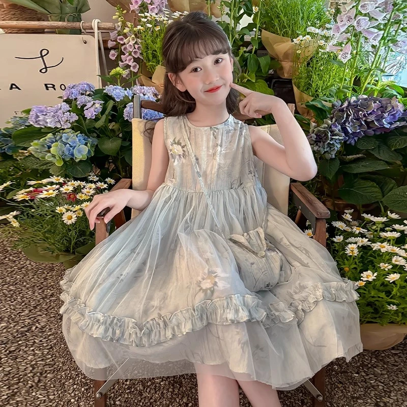 女童夏装连衣裙2025新款洋气儿童夏季网纱公主裙女孩花边背心裙子