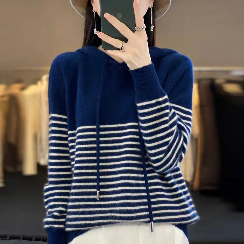 100％纯羊毛条纹休闲帽衫百搭减龄神器