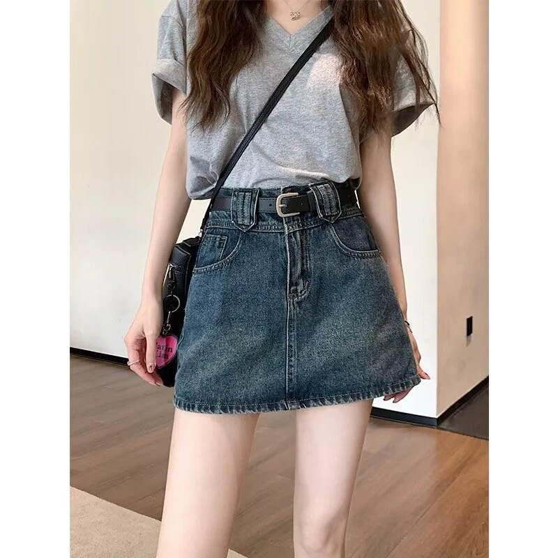 大码复古牛仔半身裙女夏季胖mm防走光高腰显瘦包臀a字短裙裤子