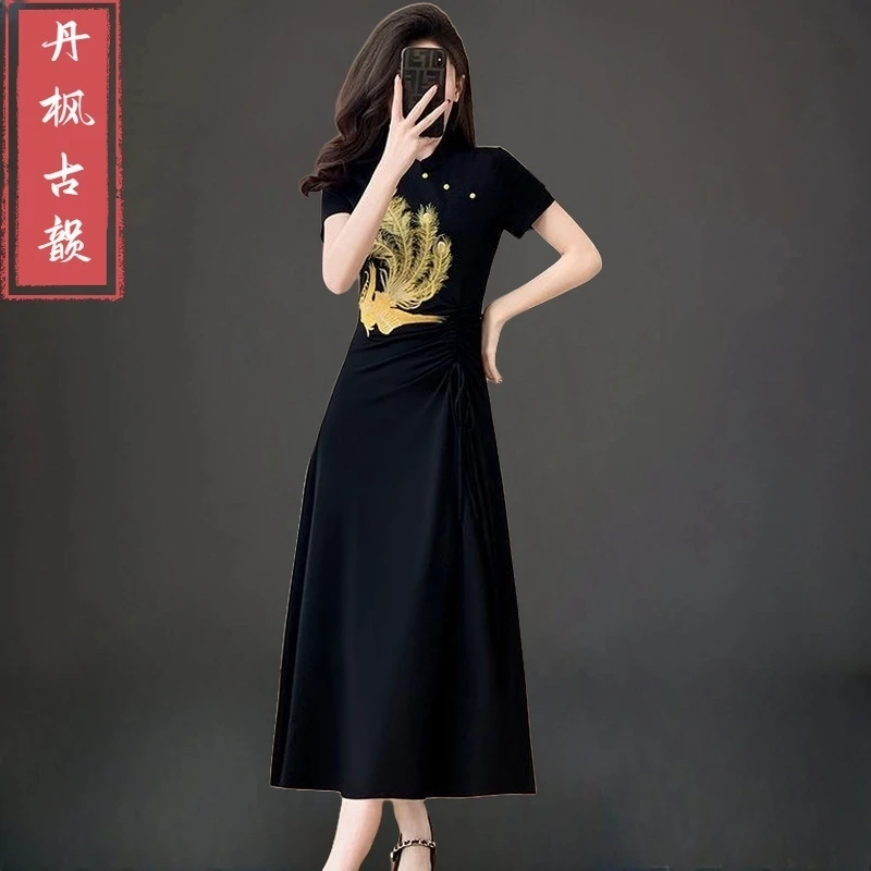 【2025】黑色新中式国风刺绣连衣裙女夏收腰显瘦气质高级感长款裙子