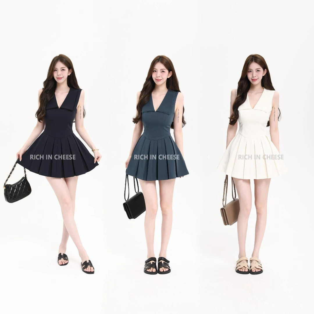RICHINCHEESE 恋夏少女 韩系学院风西装翻领百褶法式连衣裙