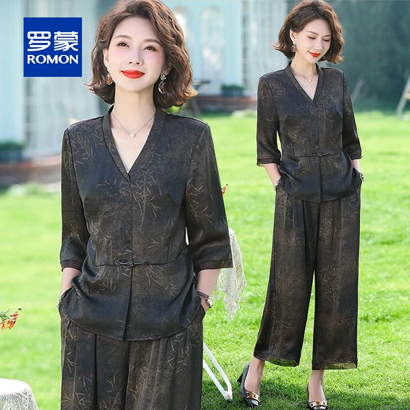 罗蒙妈妈装洋气夏季套装贵夫人显瘦小衫中老年人奶奶装上衣服女