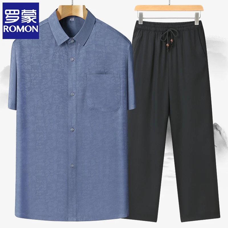 罗蒙中老年唐装男夏季冰丝短袖套装爸爸夏装薄款衬衫爷爷休闲衣服