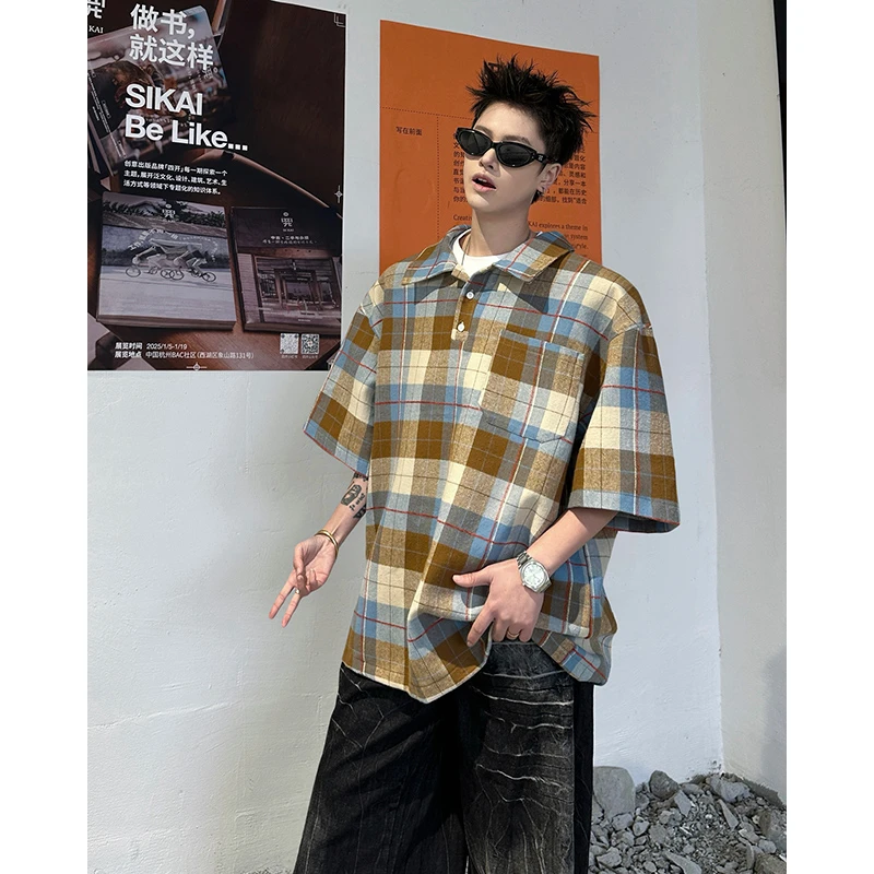 拼色格子POLO衫男夏季潮牌宽松痞帅休闲半袖爆款衬衫男款男士面料