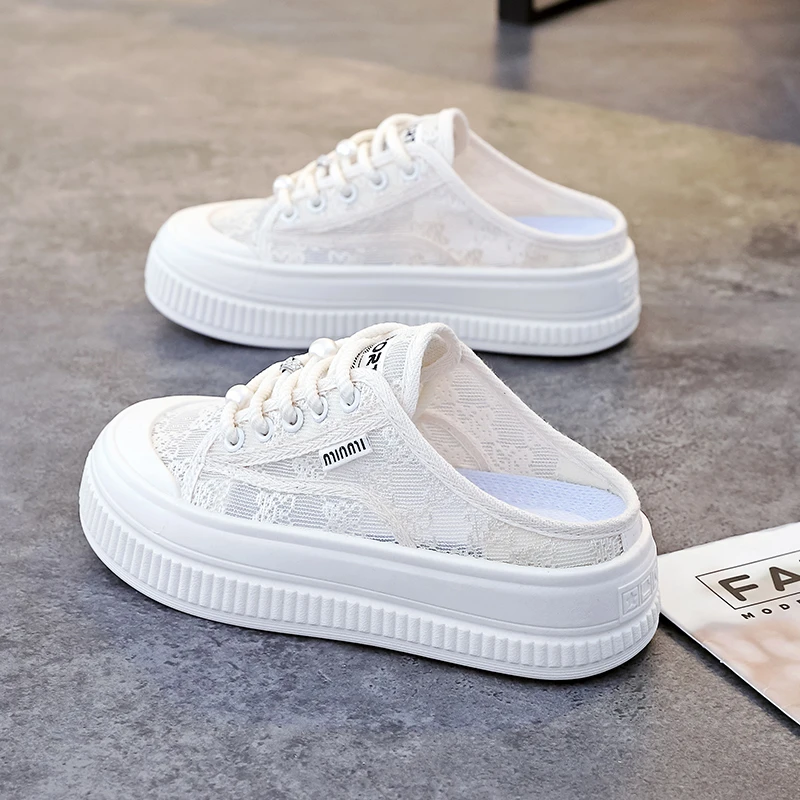 2025软底软面夏季透气女鞋蕾丝网面薄款小白鞋时尚百搭休闲半拖