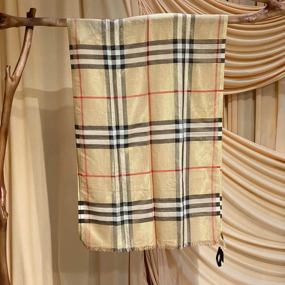99新 BURBERRY/博柏利 卡其色格纹金丝围巾/215*70cm/40268
