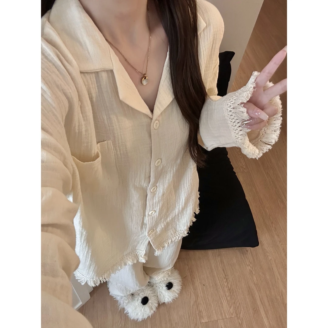 甜美简约慵懒纯色棉纱睡衣女春秋季新款长袖长裤家居服套装可外穿