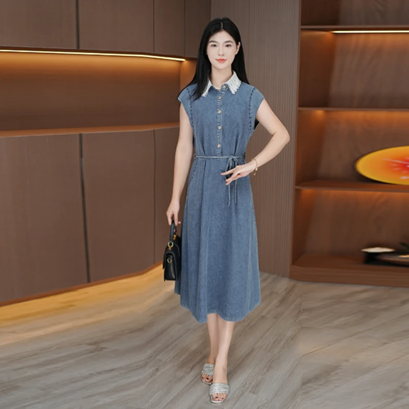 夏季新款气质显瘦牛仔翻领中长裙减龄修身中长裙裙子女