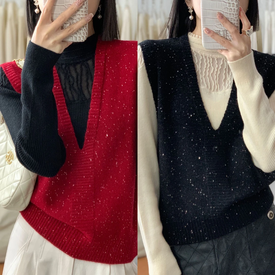 【倩倩专属】2025新款百搭气质时尚深V领亮片无休马甲针织衫S613#S