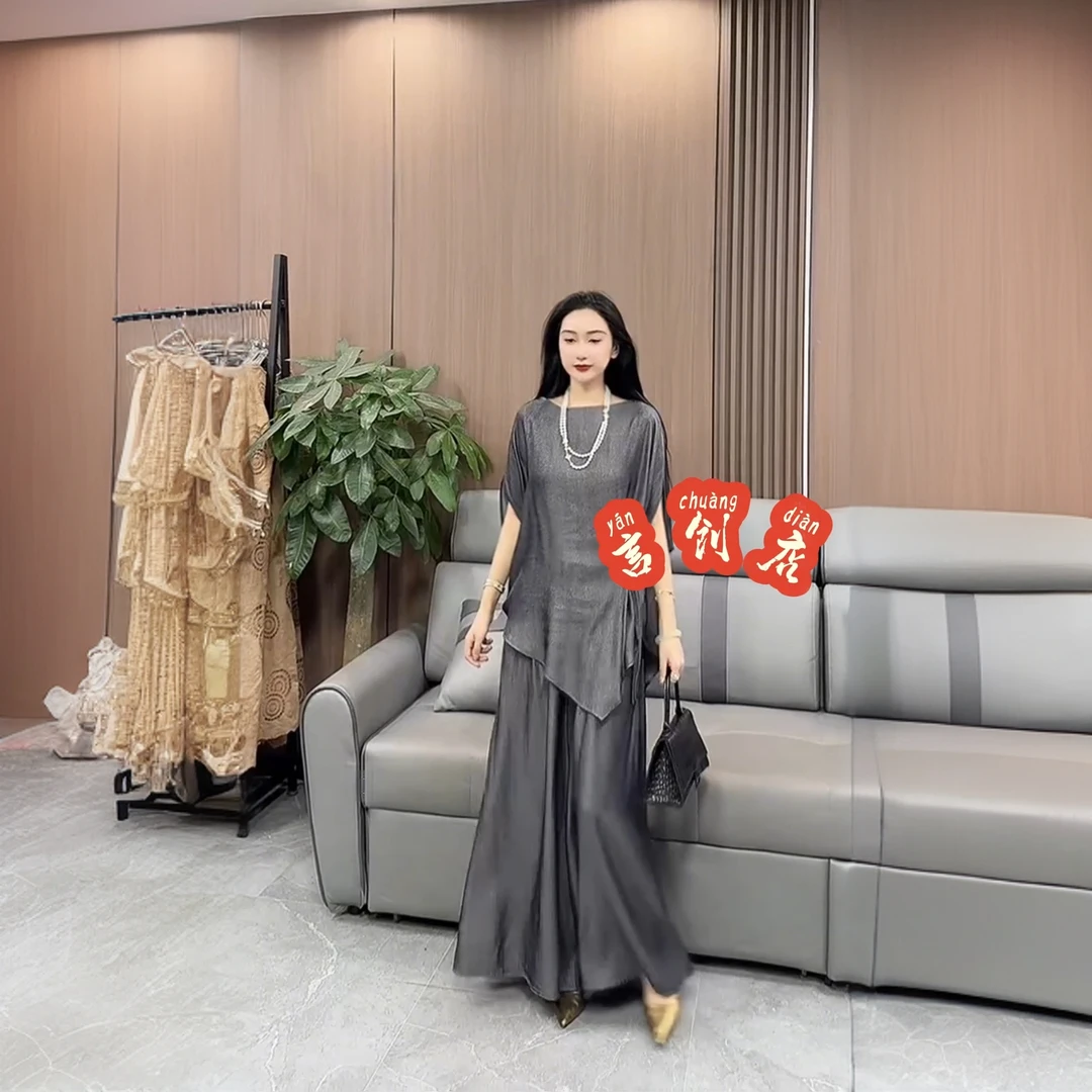 622夏季新款原创文艺复古优雅气质不规则短袖上衣阔腿裤两件套装