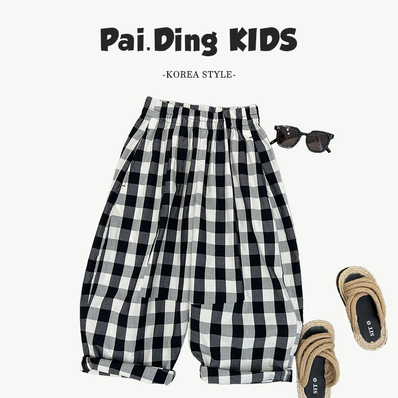 【兔小呗】夏装儿童韩版时尚复古撞色格纹日常百搭小众休闲裤SJ5817