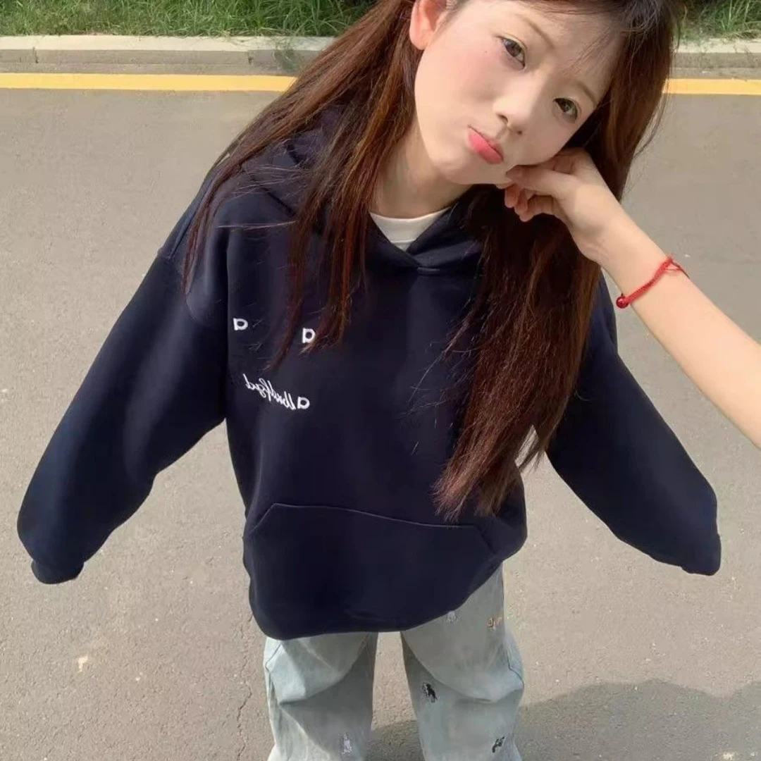 藏青色韩系慵懒连帽卫衣女秋季新款美式复古宽松字母印花小众外套