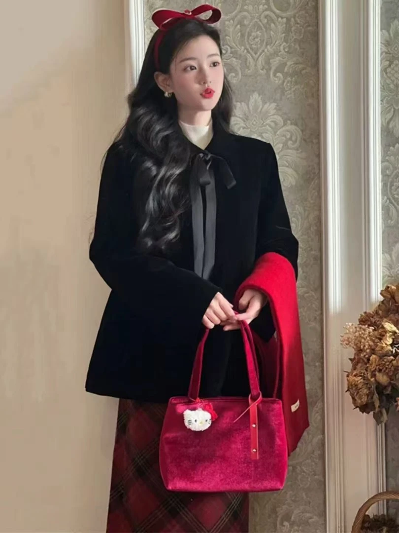 [氛围限定]微胖法式秋冬系带蝴蝶结丝绒夹棉外套半身裙两件套套装