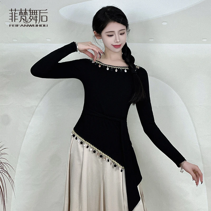 菲梵舞后舞蹈服女一字领亮片跳舞练功服上衣弹力健身现代古典舞服