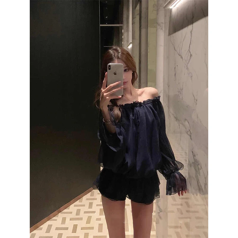 法式高级感气质一字肩衬衫女春纯欲设计感小众独特漂亮荷叶边上衣