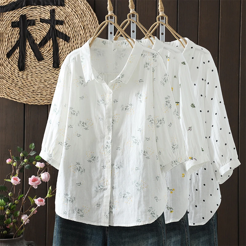 2025夏季新款双层棉纱短袖衬衫女宽松百搭韩范柔软印花半袖衬衣
