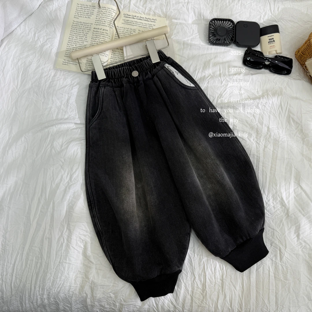 02小马家2025冬款儿童加厚糕糕绒休闲牛仔裤7163松紧脚口裤