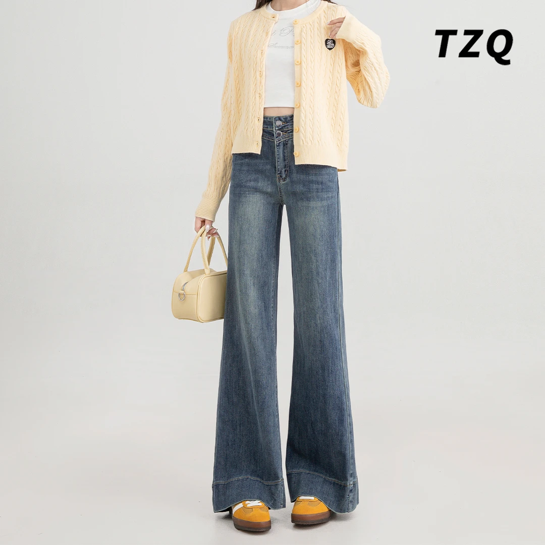 韩系高腰双扣设计感阔腿牛仔裤女2024秋冬百搭显瘦拖地裤TZQ92559