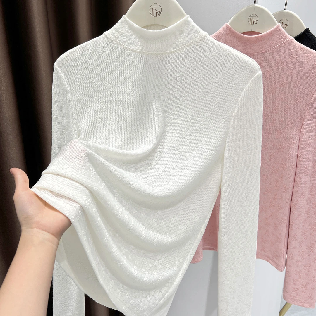 气质杏色半高领打底衫女新款秋冬高级感提花针织时尚洋气长袖上衣