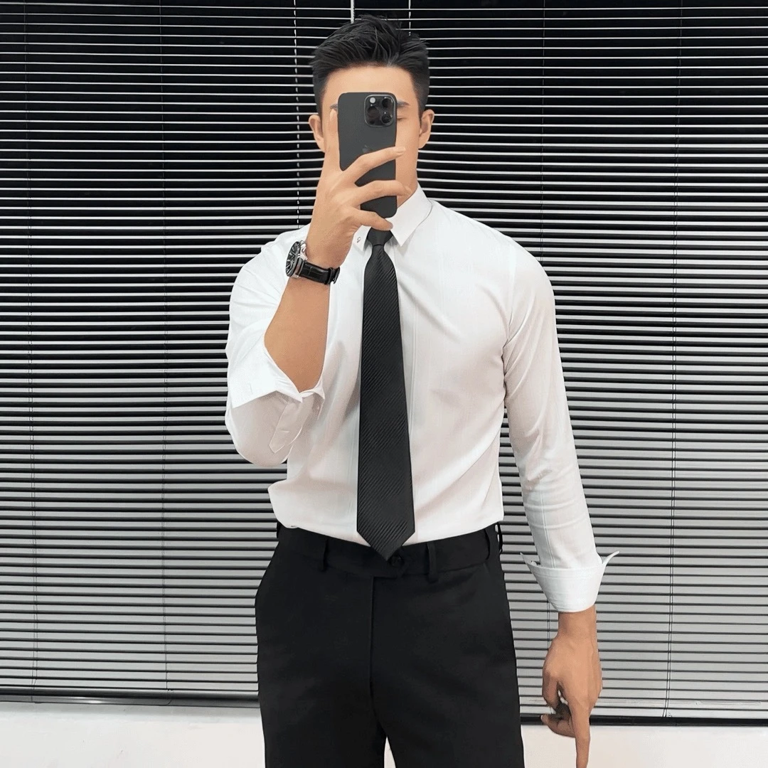 商务韩版百搭修身免烫男士衬衫职业纯色婚礼新郎正装长袖白色衬衣
