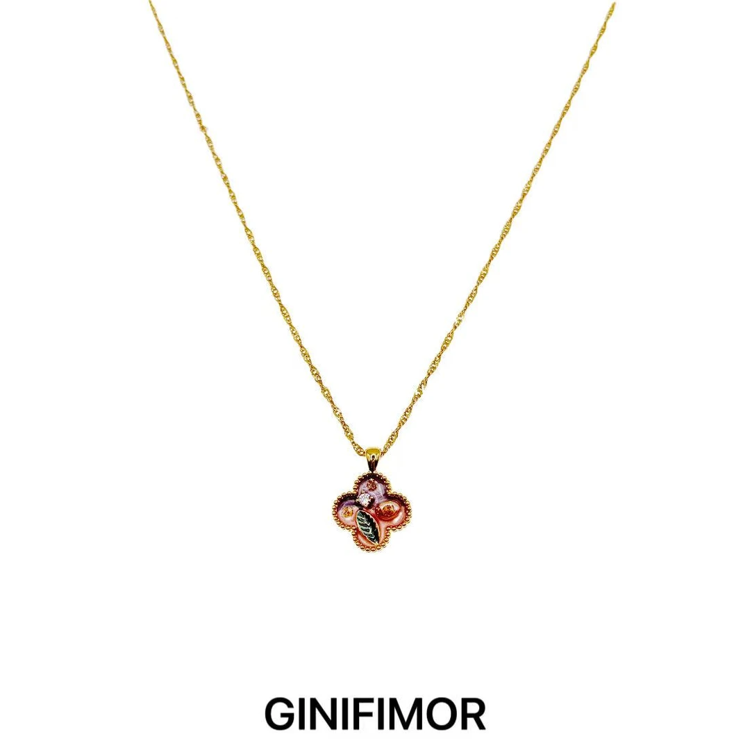 GINIFIMOR 铜合金项链 a728 油画风珐琅四叶草项链百搭气质锁骨链