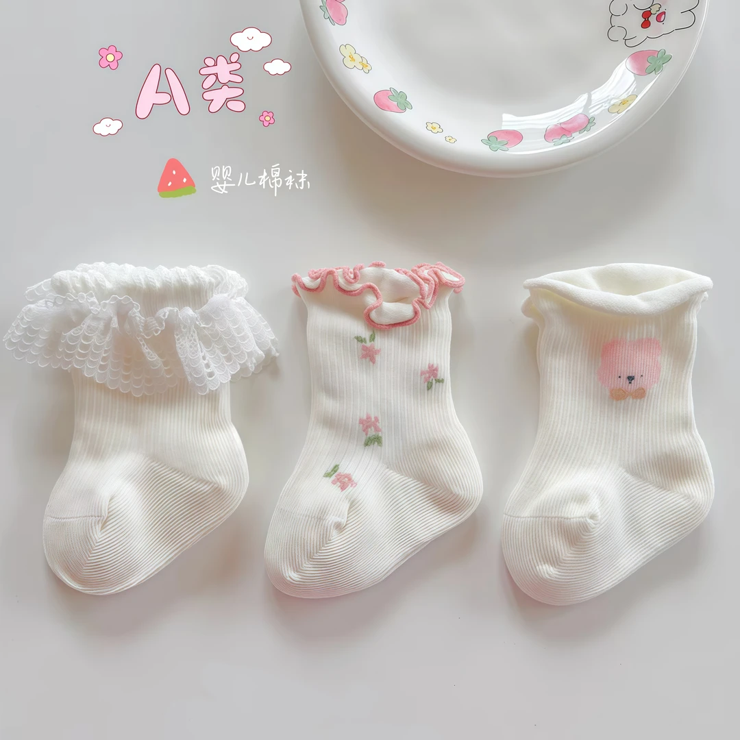 新生婴儿袜子春秋纯色棉袜女宝宝可爱花边公主袜婴幼儿无骨中筒袜