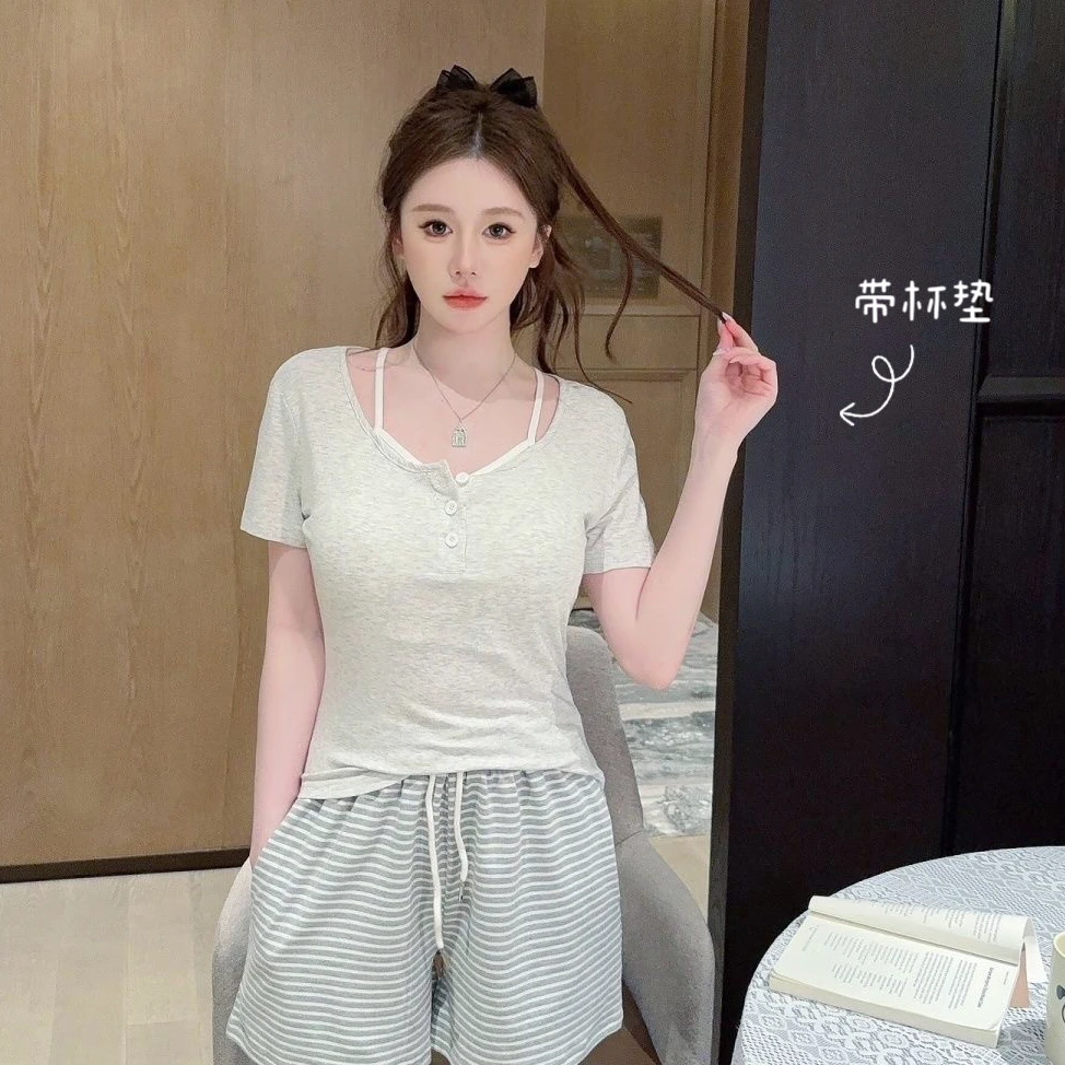 【六月玫瑰】条纹带杯垫三件套短袖夏秋睡衣可外穿韩系舒适套装2226