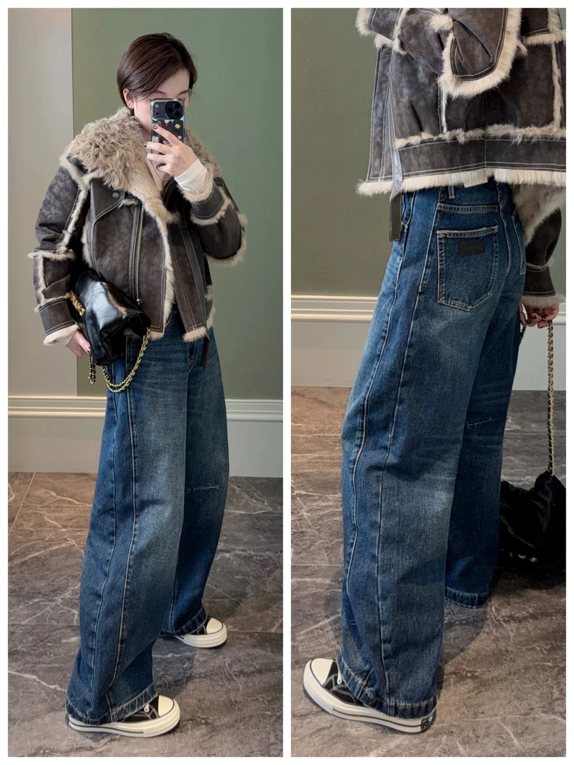 SU【799】花87  愫珊  *幂同款磨毛弯刀阔腿裤2025冬季新款牛仔裤