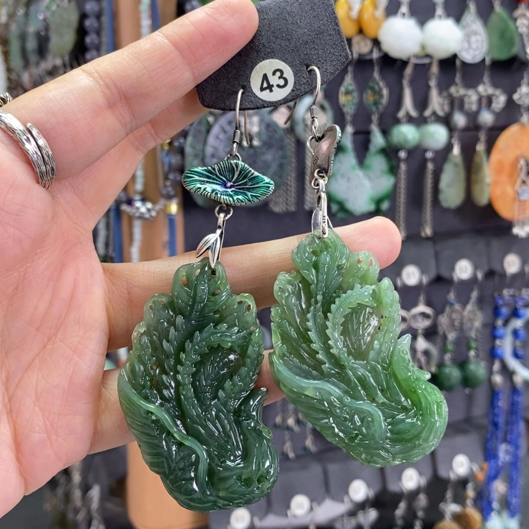 和田玉银S925镶嵌耳饰翠****）X27