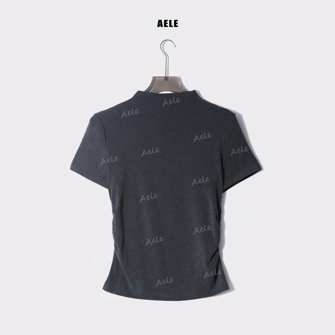 AELE半高领褶皱修身打底短袖上衣 内搭简约舒适T恤T853 2266 AD