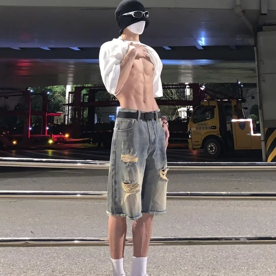 【无界国潮】复古牛仔裤破洞中腰嘻哈夏季休闲长裤裤子短裤拉链