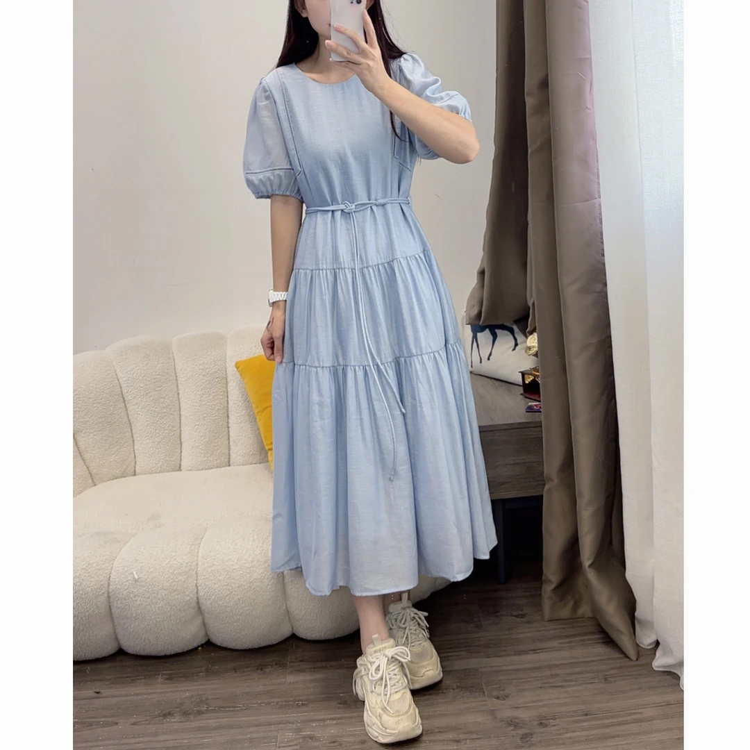 2025夏季新款女裙气质中长款圆领连衣裙抽绳收腰大摆裙女DYY2913