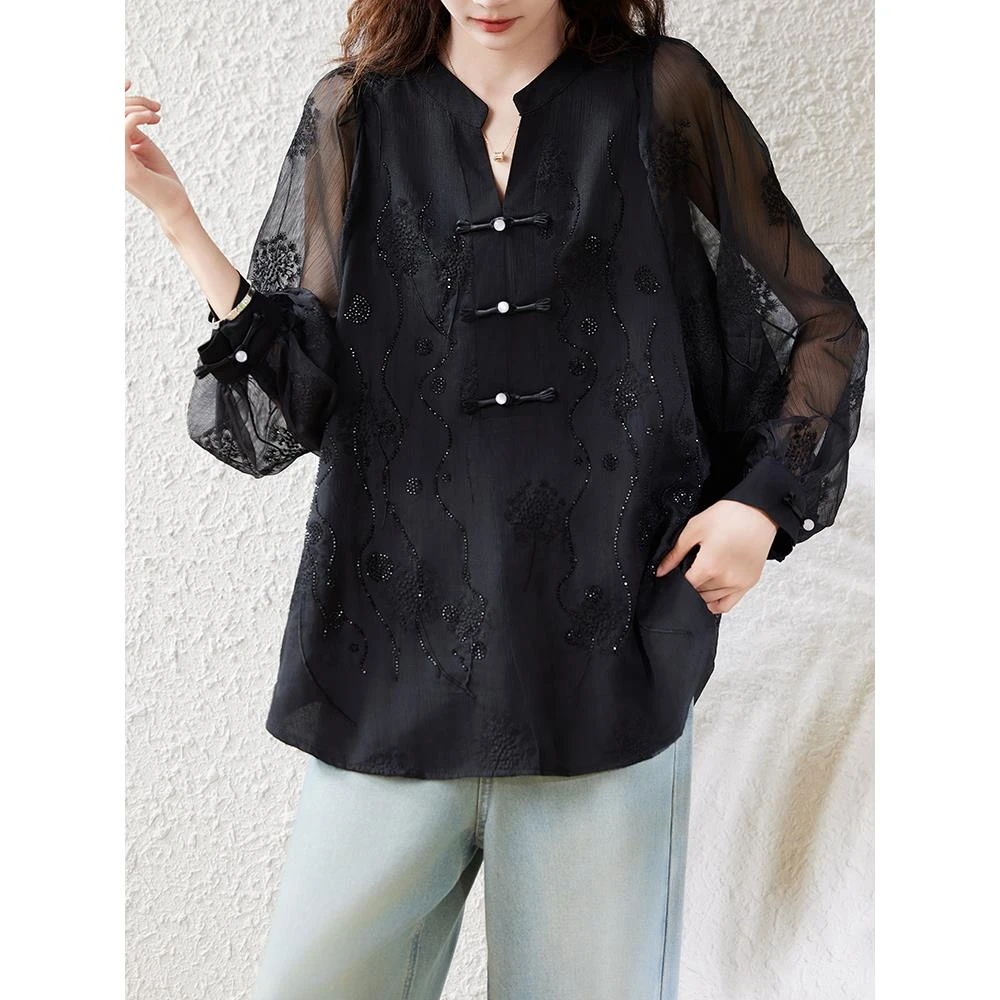 2025早秋新款黑色烫钻长袖雪纺衫上衣大尺码女装胖mm新中式国风衬