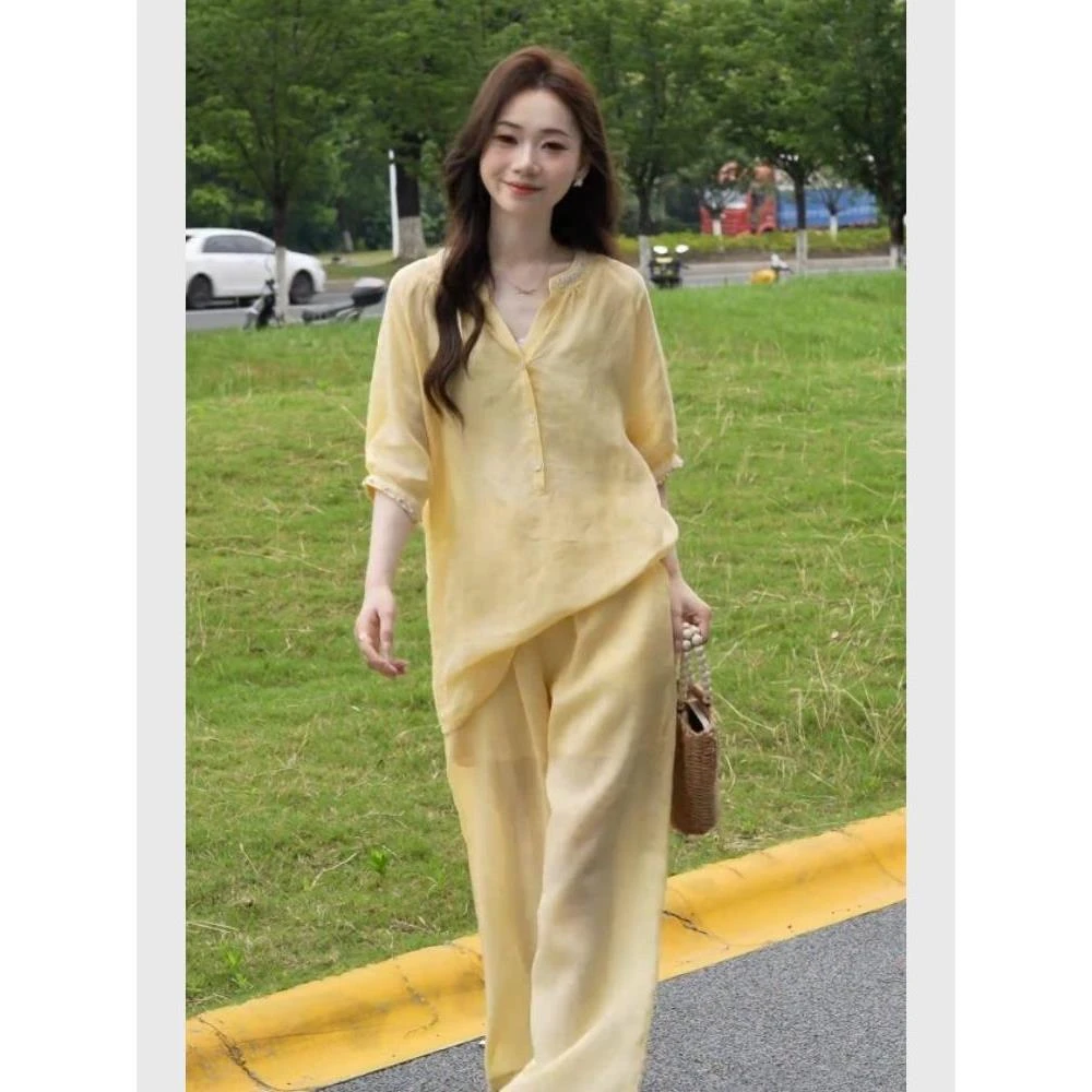 黄色衬衫阔腿裤套装女2025新款夏季减龄穿搭一整套巨好看的两件套
