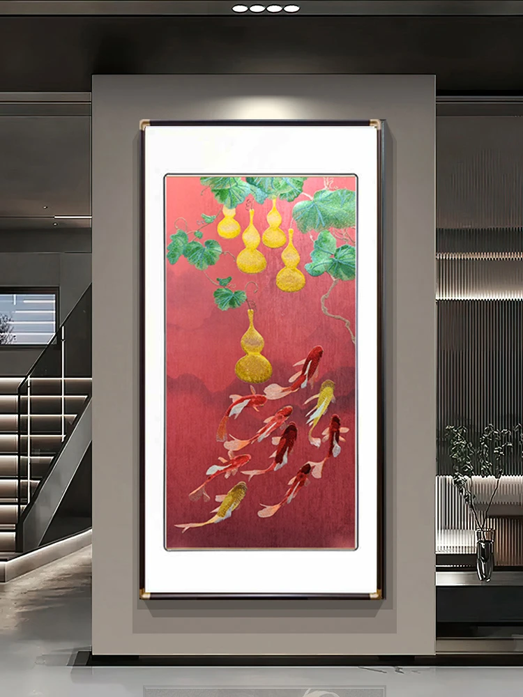 鸿福九鱼金丝织锦绣新中式刺绣玄关装饰画富贵手工现代客厅