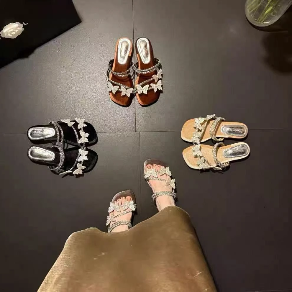 2025夏季新款爆款蝴蝶结两穿百搭气质时尚精致休闲舒适一字拖凉鞋