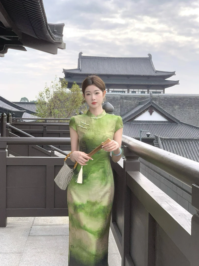 EIA一尧新中式国风【只此青绿】气质古韵贵气旗袍连衣裙复古修身裙